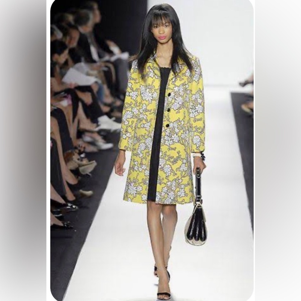 Badgley Mischka Runway Floral Coat Yellow Black Cotton A Line Coat Spring 2008 S